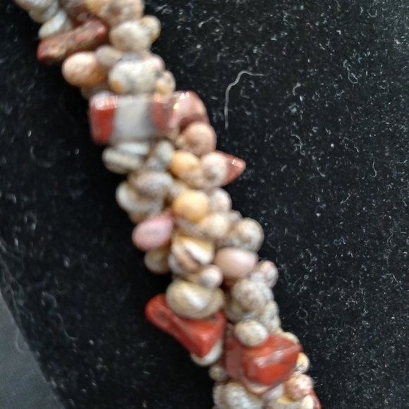 Vintage Handmade Abalone Coral Beaded Statement Necklace ,jasper pendant. 24 in - Picture 8 of 10